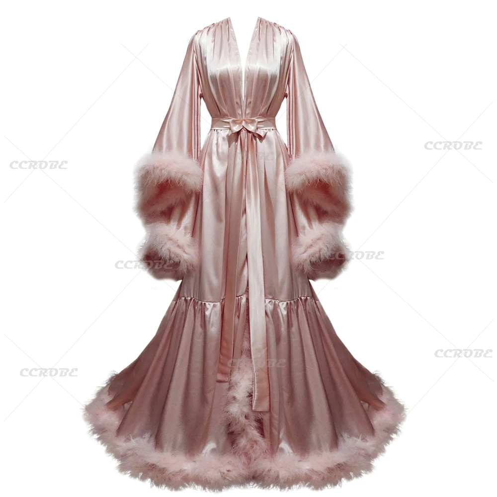 Robe Silk Women - Badjas Voor Vrouwen Flare Mouwen Veren