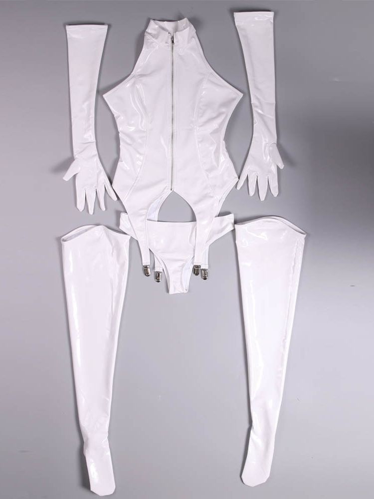 Garter Belt Set - 4 Stks/set Wet Look Pvc Catsuit