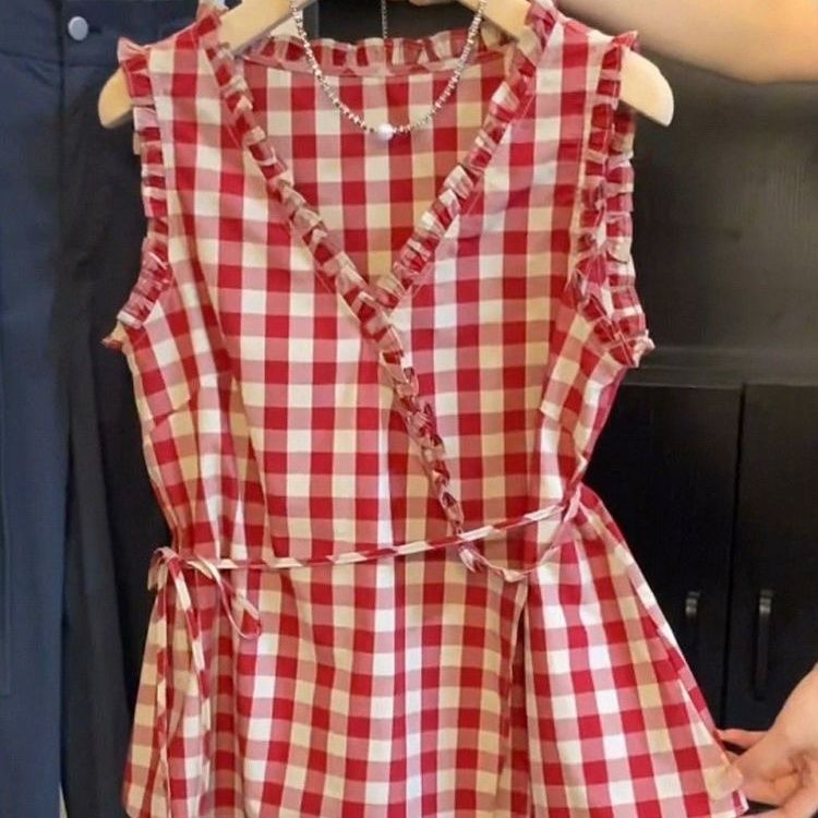 Corset Waist Cinch - Retro rood geruit mouwloos vest dames